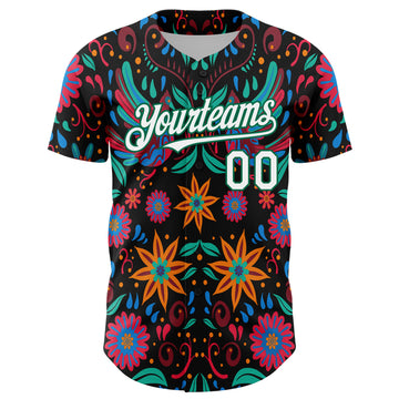 Custom Black White-Kelly Green 3D Mexican Festival Flower Cinco de Mayo Authentic Baseball Jersey