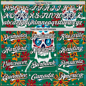 Custom Kelly Green White-Black 3D Mexican Festival Flower And Skull Cinco de Mayo Authentic Baseball Jersey