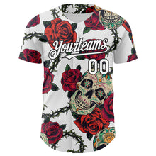 Load image into Gallery viewer, Custom White Black 3D Mexican Skull And Flower Authentic Baseball Jersey
