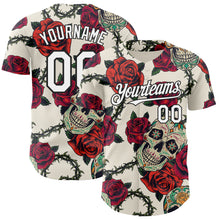 Load image into Gallery viewer, Custom Cream White-Black 3D Mexican Skull And Flower Authentic Baseball Jersey
