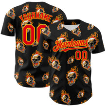 Load image into Gallery viewer, Custom Black Fire Red-Gold 3D Flame? Skull Authentic Baseball Jersey
