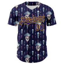 Load image into Gallery viewer, Custom Blue Dark Purple-Gold 3D Apache Skull Authentic Baseball Jersey
