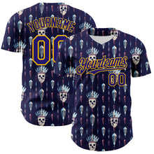 Load image into Gallery viewer, Custom Blue Dark Purple-Gold 3D Apache Skull Authentic Baseball Jersey
