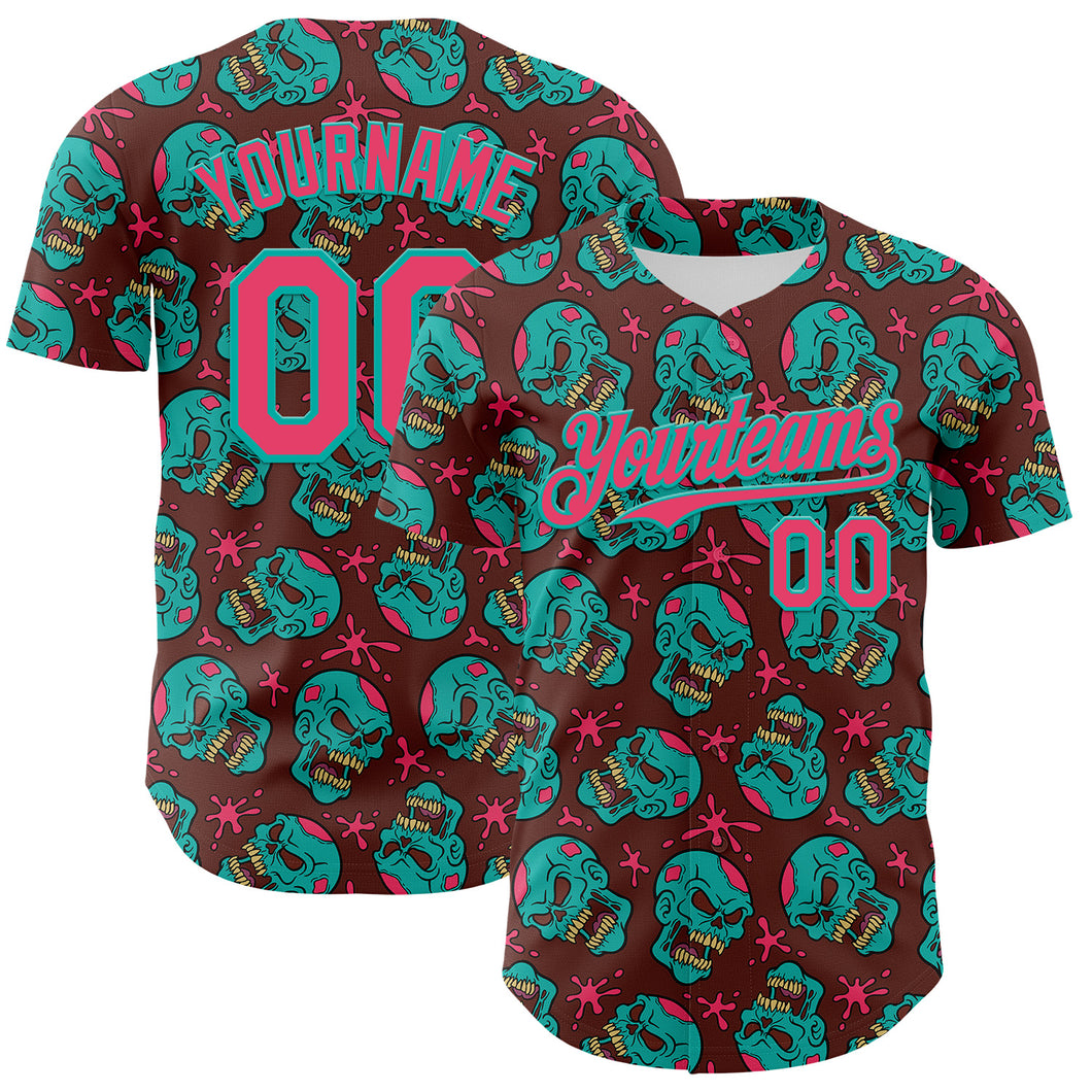 Custom Brown Neon Pink-Aqua 3D Zombie Skull Authentic Baseball Jersey
