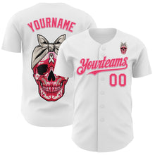 Load image into Gallery viewer, Custom White Neon Pink-Light Pink 3D Pink Ribbon Skull Authentic Baseball Jersey
