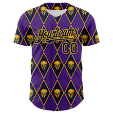 Load image into Gallery viewer, Custom Purple Navy-Gold 3D Skull Authentic Baseball Jersey
