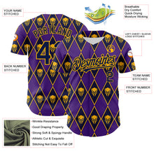 Load image into Gallery viewer, Custom Purple Navy-Gold 3D Skull Authentic Baseball Jersey
