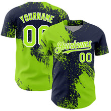 Load image into Gallery viewer, Custom Neon Green Navy-White 3D Pattern Design Abstract Brush Stroke Authentic Baseball Jersey
