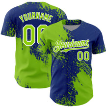 Load image into Gallery viewer, Custom Neon Green Royal-White 3D Pattern Design Abstract Brush Stroke Authentic Baseball Jersey
