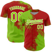 Load image into Gallery viewer, Custom Neon Green Red-White 3D Pattern Design Abstract Brush Stroke Authentic Baseball Jersey
