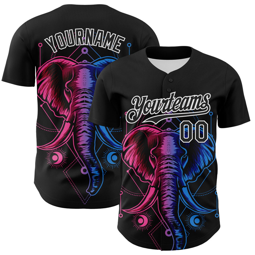 Custom Black White 3D Pattern Design Rave Psychedelic Elephant Authentic Baseball Jersey