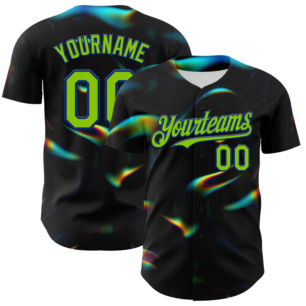 Custom Black Neon Green-Royal 3D Pattern Design Rave Psychedelic Holographic Vaporwave Style Authentic Baseball Jersey