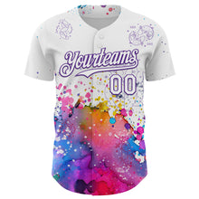 Load image into Gallery viewer, Custom White Purple 3D Pattern Design Graffiti Splash And Constellation Space Galaxy Star Authentic Baseball Jersey
