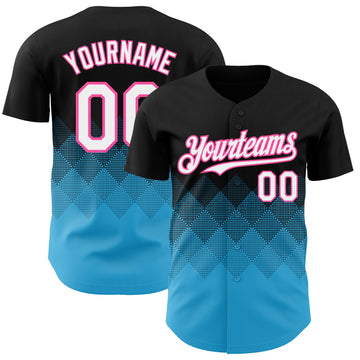 Custom Black White Sky Blue-Pink 3D Gradient Square Shape Authentic Baseball Jersey