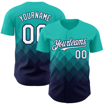 Custom Aqua White-Navy 3D Gradient Square Shape Authentic Baseball Jersey