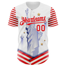 Load image into Gallery viewer, Custom White Fire Red 3D Patriotic American Flag And Statue of Liberty Authentic Baseball Jersey
