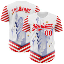 Load image into Gallery viewer, Custom White Fire Red 3D Patriotic American Flag And Statue of Liberty Authentic Baseball Jersey
