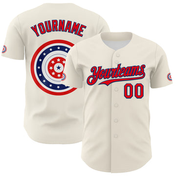 Custom Cream Fire Red-US Navy Blue 3D Patriotic American Flag Authentic Baseball Jersey