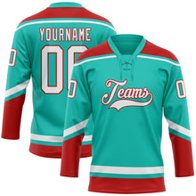 Load image into Gallery viewer, Custom Aqua White-Red Hockey Lace Neck Jersey
