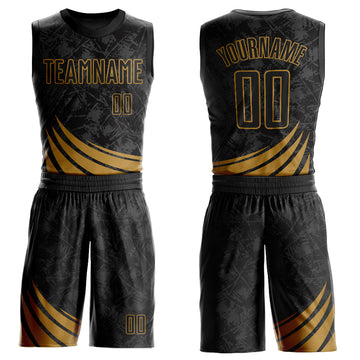 Custom Black Old Gold Wind Shapes Round Neck Sublimation Basketball Suit Jersey