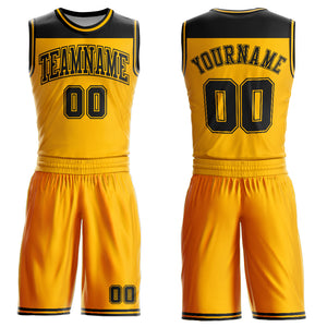 Custom Gold Black Color Block Round Neck Sublimation Basketball Suit Jersey