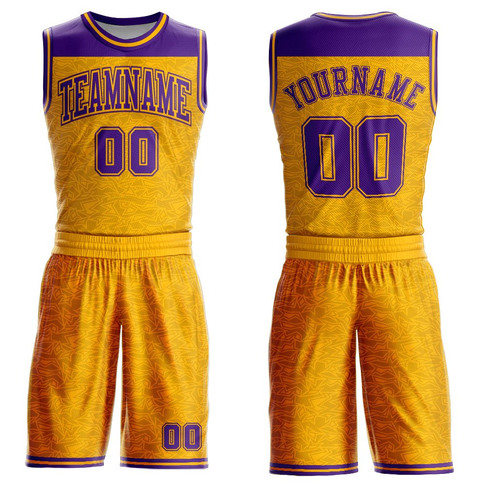 Custom Gold Purple Color Block Round Neck Sublimation Basketball Suit Jersey