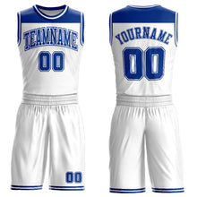 Load image into Gallery viewer, Custom White Royal Color Block Round Neck Sublimation Basketball Suit Jersey
