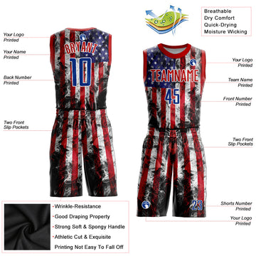 Custom White Royal-Red American Flag Fashion Round Neck Sublimation Basketball Suit Jersey