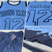 Load image into Gallery viewer, Custom Light Blue Navy Color Splash Round Neck Sublimation Basketball Suit Jersey
