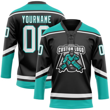 Custom Black White-Aqua Hockey Lace Neck Jersey