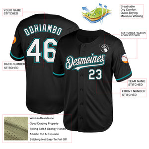 Custom Black White-Teal Mesh Authentic Throwback Baseball Jersey