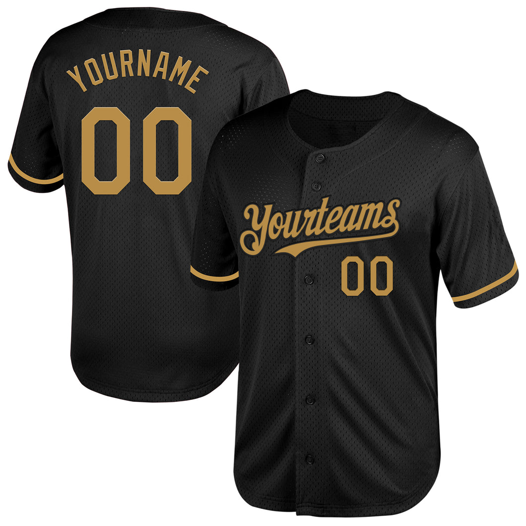 Custom Black Old Gold Mesh Authentic Throwback Baseball Jersey