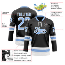 Load image into Gallery viewer, Custom Black Light Blue-White Hockey Lace Neck Jersey
