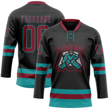 Load image into Gallery viewer, Custom Black Crimson-Teal Hockey Lace Neck Jersey
