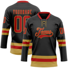 Load image into Gallery viewer, Custom Black Red-Old Gold Hockey Lace Neck Jersey
