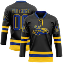 Load image into Gallery viewer, Custom Black Royal-Yellow Hockey Lace Neck Jersey
