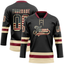Load image into Gallery viewer, Custom Black Vintage USA Flag Cream-Crimson Hockey Lace Neck Jersey
