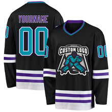 Load image into Gallery viewer, Custom Black Teal-Purple Hockey Jersey
