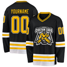 Load image into Gallery viewer, Custom Black Gold-White Hockey Jersey
