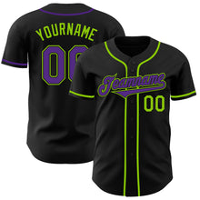 Load image into Gallery viewer, Custom Black Purple-Neon Green Authentic Baseball Jersey
