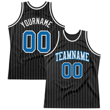 Load image into Gallery viewer, Custom Black White Pinstripe Blue Authentic  Basketball Jersey
