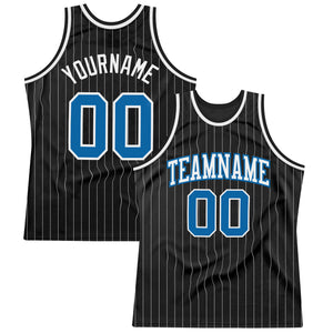 Custom Black White Pinstripe Blue Authentic  Basketball Jersey