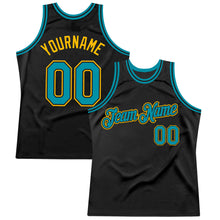 Load image into Gallery viewer, Custom Black Teal-Gold Authentic Throwback Basketball Jersey
