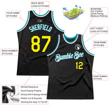 Load image into Gallery viewer, Custom Black Light Yellow-Teal Authentic Throwback Basketball Jersey
