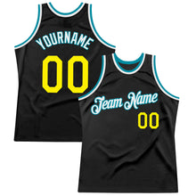 Load image into Gallery viewer, Custom Black Light Yellow-Teal Authentic Throwback Basketball Jersey
