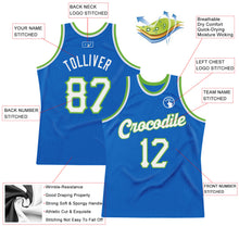 Load image into Gallery viewer, Custom Blue White-Neon Green Authentic Throwback Basketball Jersey
