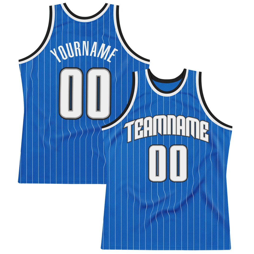 Custom Blue White Pinstripe White-Black Authentic  Basketball Jersey