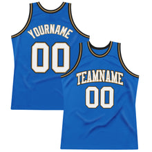 Load image into Gallery viewer, Custom Blue White-Old Gold Authentic Throwback Basketball Jersey
