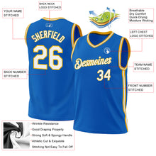 Load image into Gallery viewer, Custom Blue White-Gold Authentic Throwback Basketball Jersey
