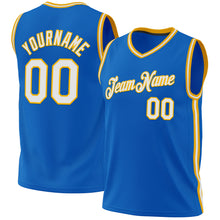 Load image into Gallery viewer, Custom Blue White-Gold Authentic Throwback Basketball Jersey
